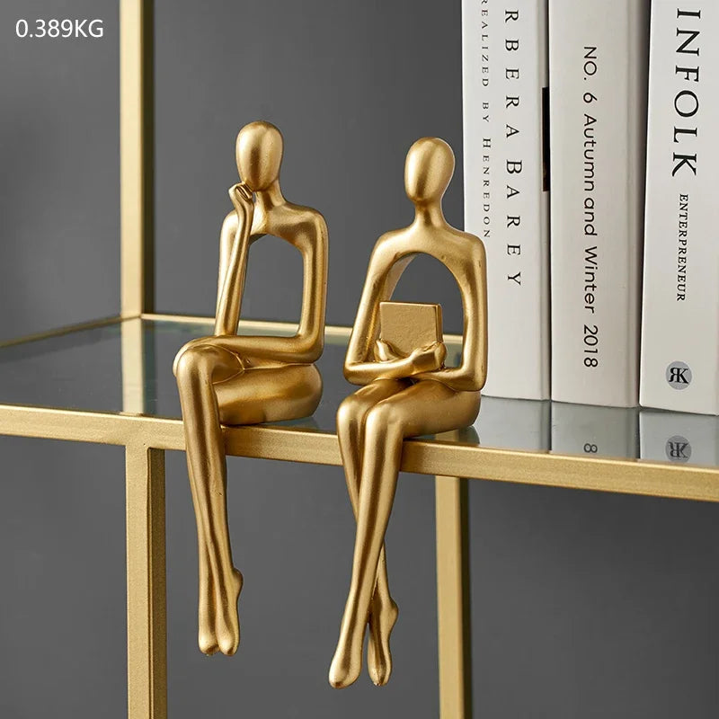 Gold Home Decor Thinker Statues Bookshelf Sculpture Decorations For Living Room Modern Figurines Shelf Table Desk Decor