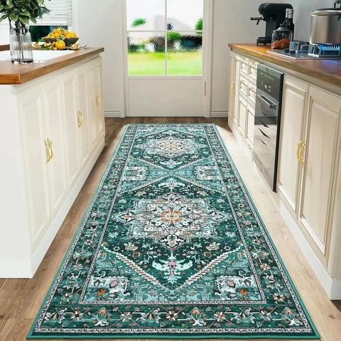 VIKAMA Bohemian Persian Flannel Rugs Hallway Kitchen Rugs Vintage Floor Carpet Long Rugs  Sofa Rugs Anti-slip Washable Home Deco