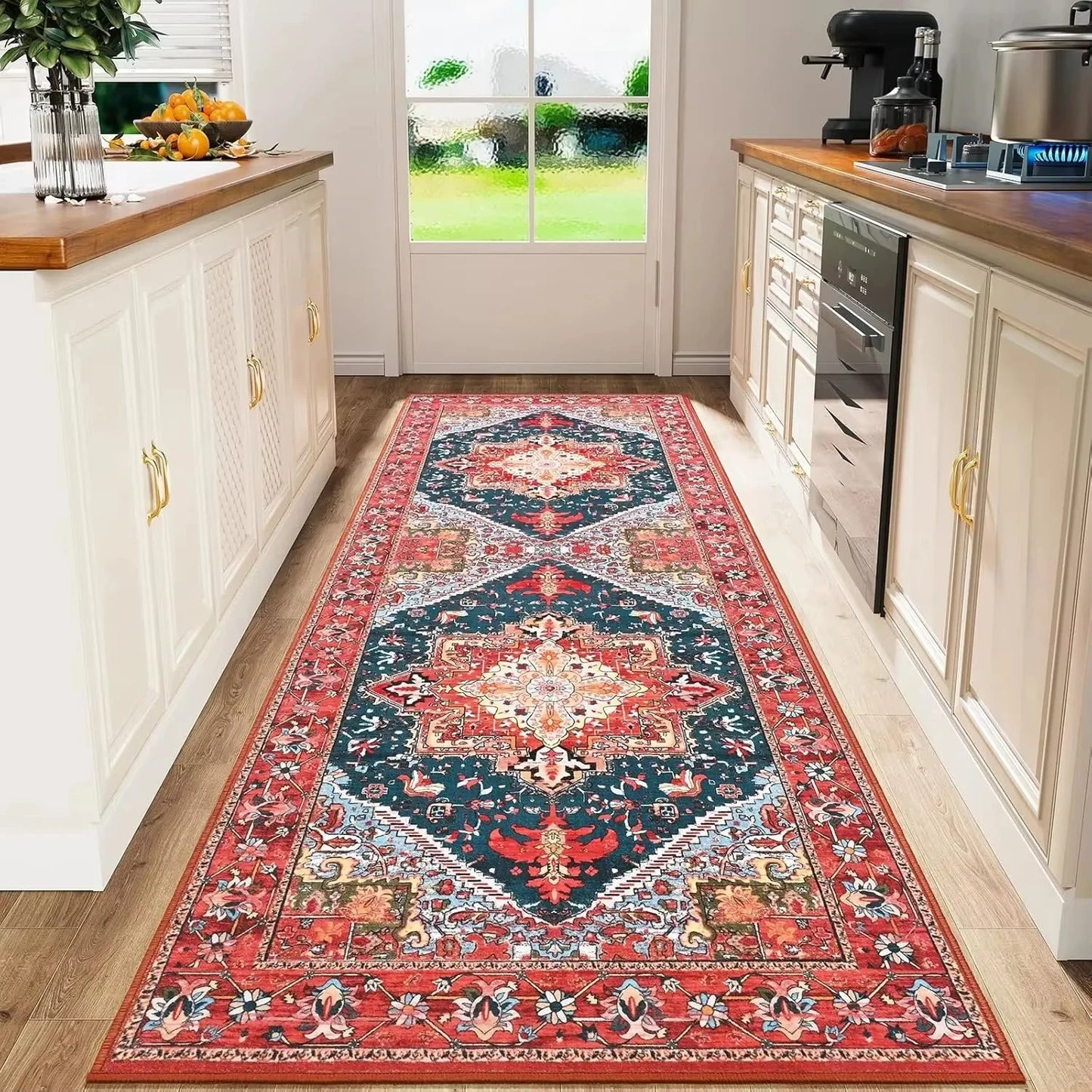 VIKAMA Bohemian Persian Flannel Rugs Hallway Kitchen Rugs Vintage Floor Carpet Long Rugs  Sofa Rugs Anti-slip Washable Home Deco