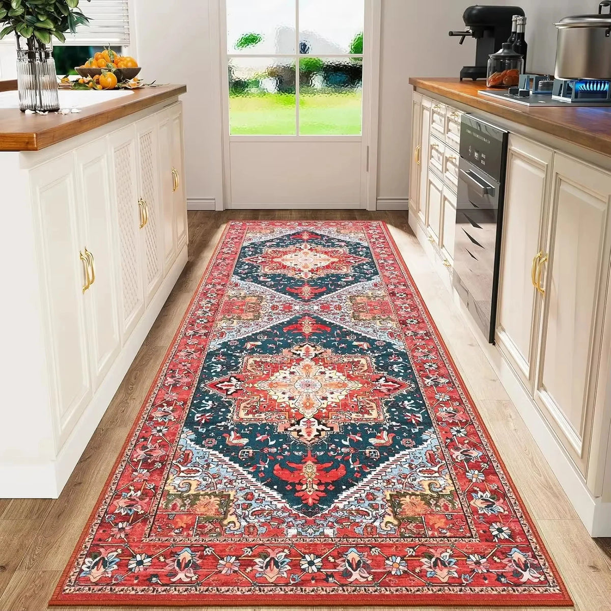 VIKAMA Bohemian Persian Flannel Rugs Hallway Kitchen Rugs Vintage Floor Carpet Long Rugs  Sofa Rugs Anti-slip Washable Home Deco