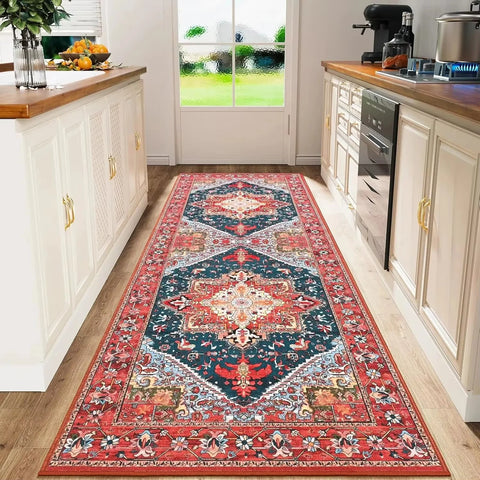 VIKAMA Bohemian Persian Flannel Rugs Hallway Kitchen Rugs Vintage Floor Carpet Long Rugs  Sofa Rugs Anti-slip Washable Home Deco