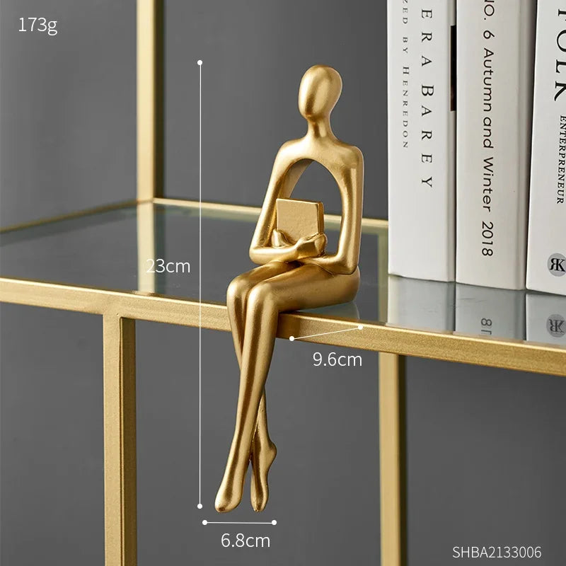 Gold Home Decor Thinker Statues Bookshelf Sculpture Decorations For Living Room Modern Figurines Shelf Table Desk Decor