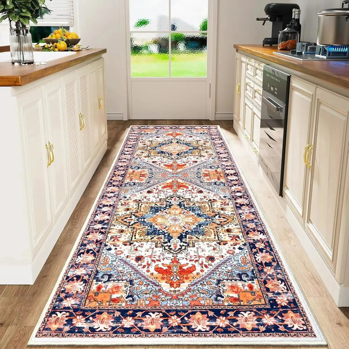 VIKAMA Bohemian Persian Flannel Rugs Hallway Kitchen Rugs Vintage Floor Carpet Long Rugs  Sofa Rugs Anti-slip Washable Home Deco