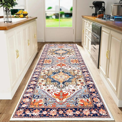 VIKAMA Bohemian Persian Flannel Rugs Hallway Kitchen Rugs Vintage Floor Carpet Long Rugs  Sofa Rugs Anti-slip Washable Home Deco