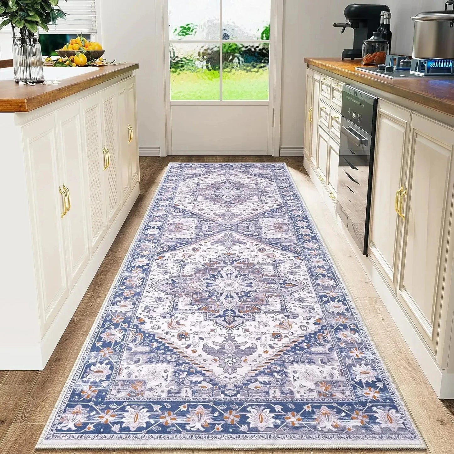 VIKAMA Bohemian Persian Flannel Rugs Hallway Kitchen Rugs Vintage Floor Carpet Long Rugs  Sofa Rugs Anti-slip Washable Home Deco